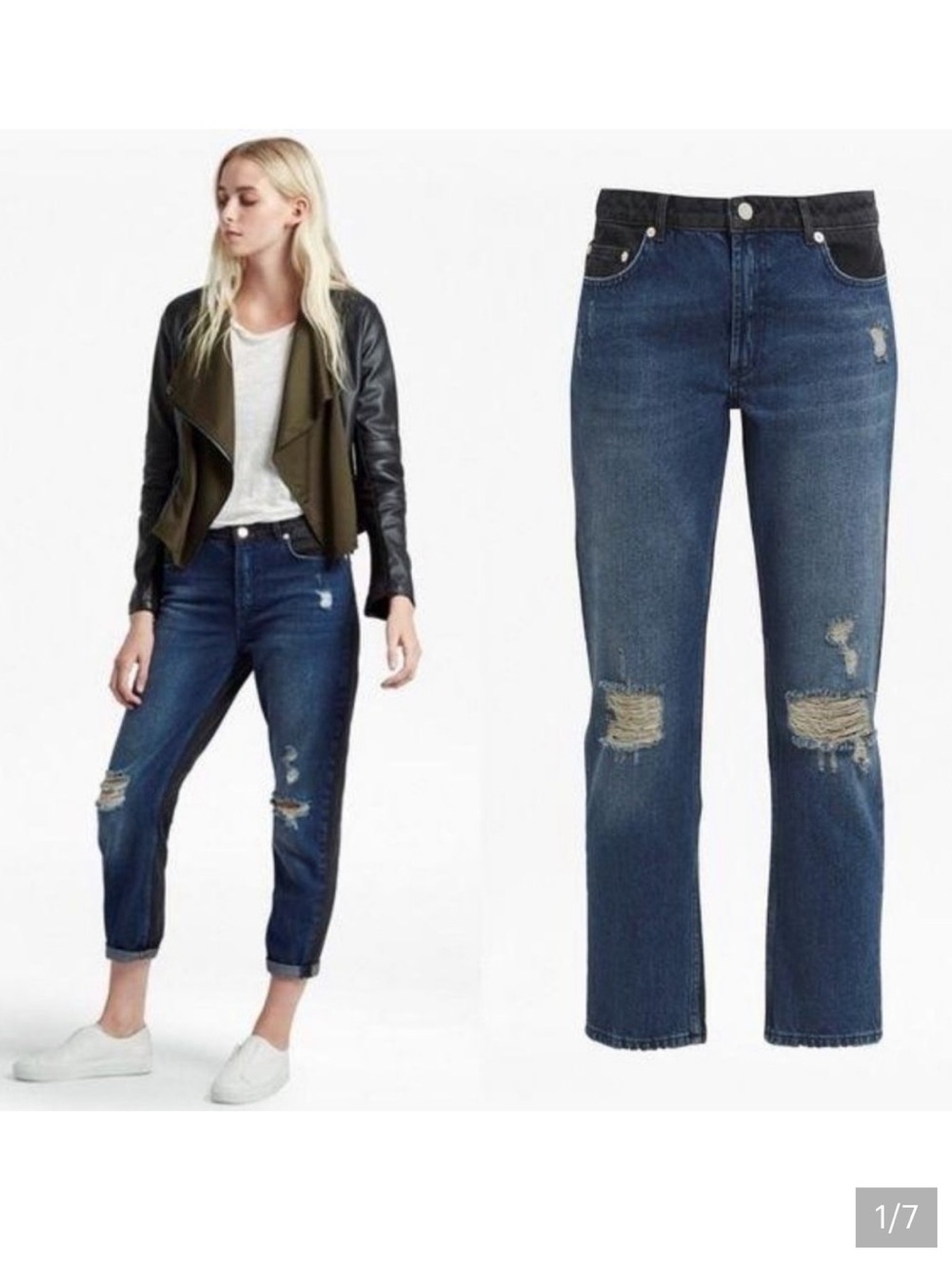French Connection Indi Mash Up Dark Blue & Black Distressed Boyfriend Jeans 2
